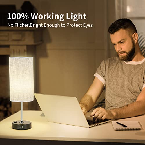 Spacrea Bedside Lamps For Bedrooms Set Of 2, 3 Way Dimmable Nightstand Lamp, Touch Lamp With 2 Usb Port & Ac Outlet, Round Grey Fabric Shade Bedside Lamps, Small Table Lamp For Bedroom Lamps #TOP2