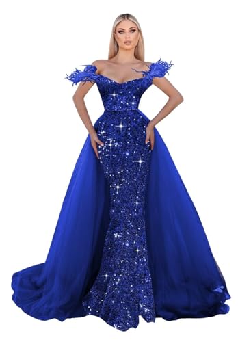 Sequin Prom Dresses with Feather Off Shoulder Mermaid Fomral Dress Tulle Cape Ball Gowns Sparkly Evening Gowns Royal Blue Size 4