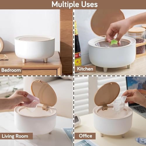 Image of HOKIPO Mini Desktop Trash Can with Lid | Countertop Dustbin for Desk, Bathroom Vanity & Tabletop - Portable Small Wastebasket for Office, Bedroom - White 2L (NEW-AR-6079)
