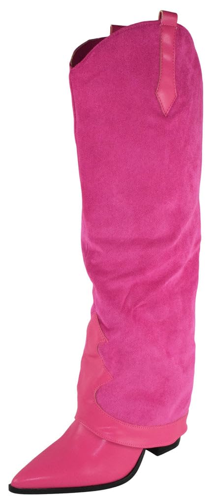 Berness Women Brandy Suedette Foldover Knee High Boots Western Cowboy Style Pointed Toe Hidden Block High Heel Faux