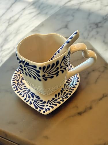 Talavera Heart-Shaped Mug, Plate, and Spoon Set | Handmade Mexican Pottery in Blue & White or Coffee Color | Perfect Coffee Bar Decor & Gift for Coffee Lovers (White)
