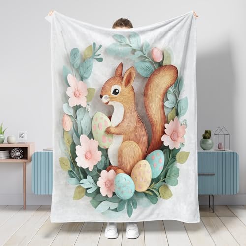 Manta de ardilla de primavera y Pascua, 60 x 80 pulgadas, novedosa manta de franela cálida y esponjosa con huevos florales para dormitorio, camping, decoración de sofá de animales