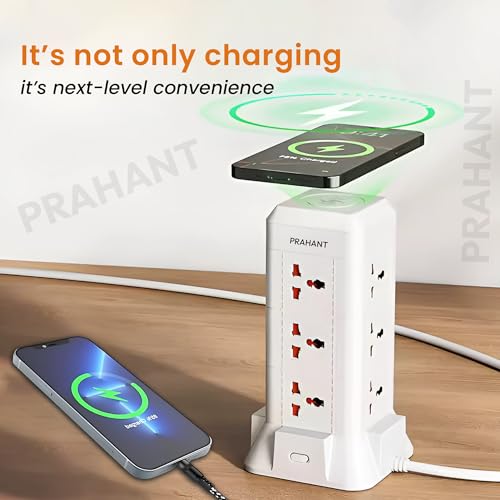 Image of 16 in 1 Universal Multi Sockets Tower Extension Boards,12 Sockets,2 USB Port,1 Type C Port,with Surge Protection,Smart Energy Saving,1.8M Extension Cords,with Wireless Charging Point