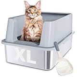 FUTAM Stainless Steel Cat Litter Box, XL Metal Litter Box with Lid, High Sided Extra Large Litterbox for Big Cats, Anti-Urine Leakage, Never Absorbs Odors, Easy Cleaning, Non-Stick, Include Scoop