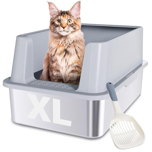 FUTAM Stainless Steel Cat Litter Box, XL Metal Litter Box with Lid, High Sided Extra Large Litterbox for Big Cats, Anti-Urine Leakage, Never Absorbs Odors, Easy Cleaning, Non-Stick, Include Scoop
