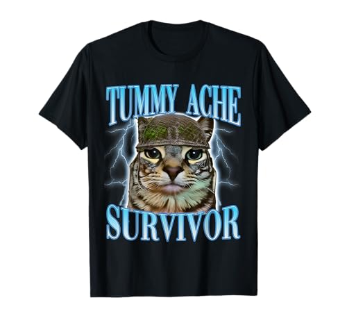 Funny Saying Cats Tummy Ache Survivor Cat Meme Humor Men T-Shirt
