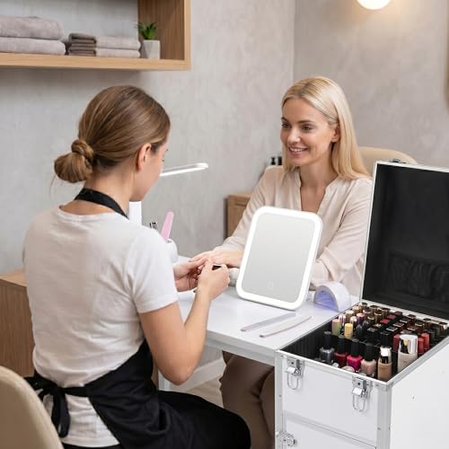 Image of Portable Manicure Table with 3 Drawers, Rolling Foldable Nail Desk with Detachable Mirror, Professional Makeup Train Case with Wheels and TSA Lock for Nail Techs & Salon Use
