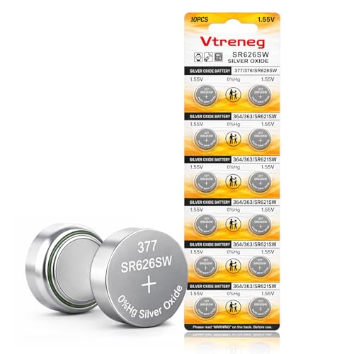 Vtreneg 10 Pack SR626SW 377 376 Watch Battery LR626 377A 626 AG4 1.55V Silver Oxide Button Cell Batteries