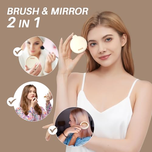 RHOS Compact Foldable Hair Brush with Mirror for Women, Men & Kids - Small Pocket & Portable Travel Brush (Beige)