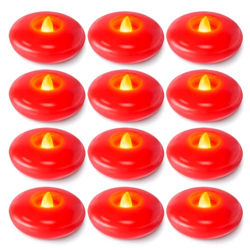 Image of Homemory 12 Pack 3 inch Flameless Led Floating Candles, 200 Hour Red Battery Operate Waterproof Tealights for Cylinder Vases, Centerpieces at Wedding Decor, Party, Pool