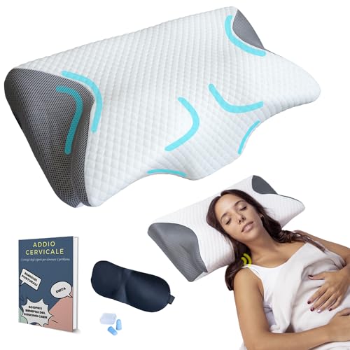 CAER - Cuscino Cervicale Ortopedico Memory Foam per Dormire - In regalo maschera, tappi per dormire ed eBook.