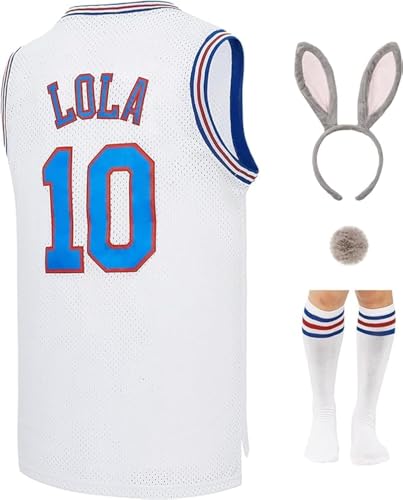 Mens #1 Bugs #10 Lola Basketball Jersey for Women Couples Halloween Cosplay Costume Movie Outfit with Accessory (White10 Small)