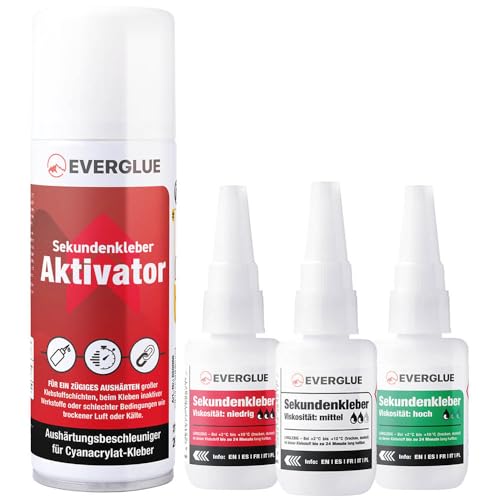 Everglue Sparset Sekundenkleber lange Haltbarkeit dünn + mittel + dick à 20g + Aktivator 200ml - Industriekleber extra stark für universelle Reparatur und Instandsetzung in Hobby Beruf und Haushalt