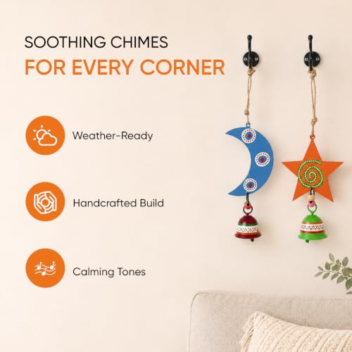 Image of Aakriti Art Creations Celestial Moon & Star Wind Chime Duo | Handmade Modern Art Wooden & Metal Wind Chimes | Decorative Indoor & Outdoor Hanging for Balcony, Garden, Living Room & Gifting