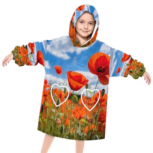 Wearable Blanket Hoodie for Kids, Lovely Florals Fleece Sweatshirt Blanket Oversized Blanket Sweatshirt with Pocket Flannel Warm Hooded Blanket 6-10 Year Old Girl Boy Gift, One Size