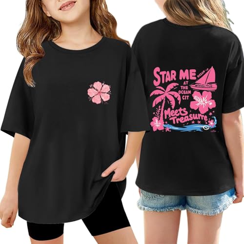 Girls T Shirts Ruffle Short Sleeve Graphic Print Summer Blouse Loose Fit Lightweight Tee for Kids Ages 3-14Y