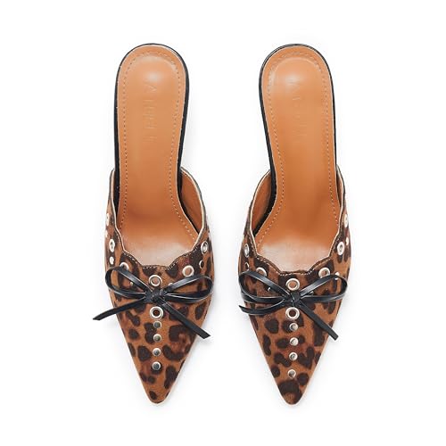 Image of Kitten Heel Mules for Women Bow Tie Suede Stiletto Heels Mule Pointed Toe Studs Slide Heeled Sandal Pumps for Wedding Dress Party