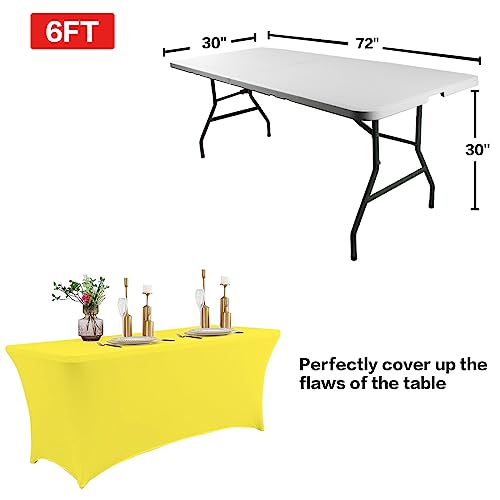 Image of IVAPUPU 2 Pack 6FT Table Cloth for Rectangular Fitted Events Stretch Yellow Table Covers Washable Spandex Tablecloth Protector for Party, Wedding, Cocktail, Banquet, Festival