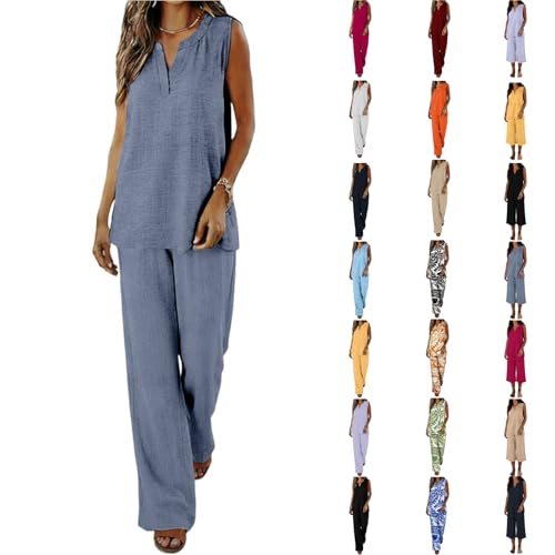 Elegteave Linen Sets for Women 2 Piece Summer Henley Neck Sleeveless Tank Top and High Waisted Baggy Pant Matching Sets