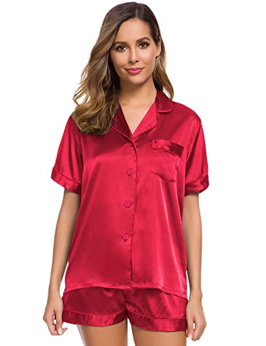 Image of SWOMOG Womens Silk Satin Pajamas Set Short Sleeve Sleepwear Button Down Top and Shorts Loungewear 2 Piece Pjs Set XS-3XL
