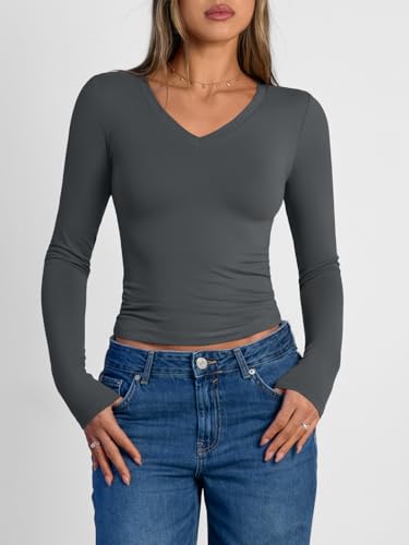 Image of Trendy Queen Womens Long Sleeve Shirts 2026 Fall Fashion Basics Crop Tops