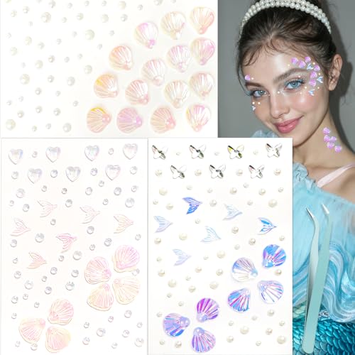 NOOEPC Mermaid Makeup Face Gems Face Jewels Face Glitter Shell Mermaid Flower Eye Rhinestone Festival Essentials Dance Performances Parties and Stage Cosplay Princess Makeup