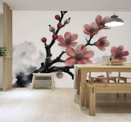 Papier peint fleurs de prunier rouge intissé 3D cache les défauts des murs