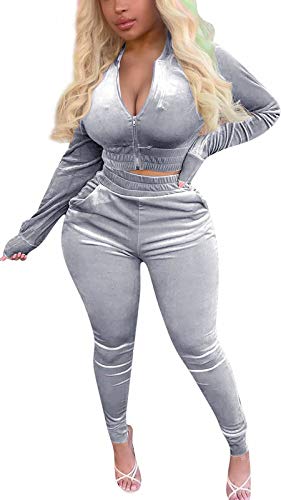 Sprifloral Womens Velour Tracksuit Two Piece Outfit - Fall Long Sleeve Zip up Sweatshirts + Black Long Pant Set Sweat Suit Silver S