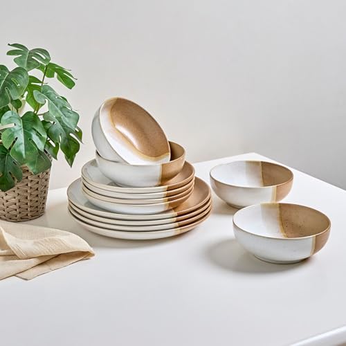 Image of Sango 12 Pieces Stoneware Dinnerware Set, Glossy Caramel & Cream Dishes for 4, Premium Plates and Bowls Sets, Chip & Scratch Resistant, Ceramic Kitchen Dish Set, Microwave & Dishwasher Safe, Phoebe