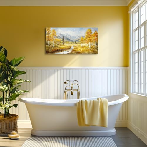 crmotu Autumn Landscape Wall Art, Birch Tree Forest Large Artwork, Mountain River Scenic Canvas Painting, Rustic Aesthetic Pictures Wall Decor Living Room Bedroom Bathroom Kitchen Art Prints 20x40inch