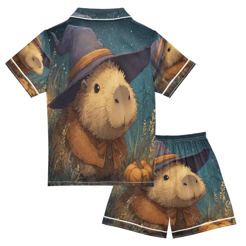 Satin Pajama Sets Short Sleeve Magical Beaver Wearing Witch Hat Button Down Silky Nightwear 2 Piece PJS 5-14Y2