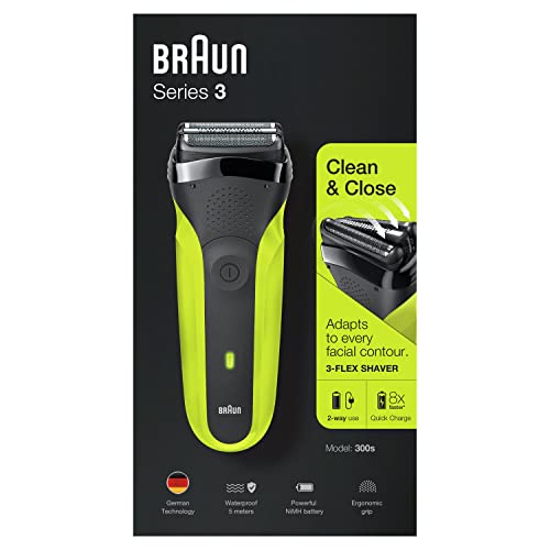 Braun Series 3 Afeitadora Eléctrica Hombre, Máquina de Afeitar Barba con 3 Cuchillas Flexibles, Recargable e Inalámbrica, 300S, Negro/Verde Eléctrico
