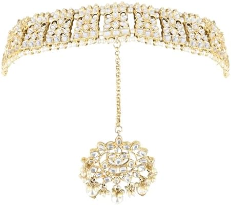 Gold Plated Metal Traditional Floral Kundan Pearl Studded Rajasthani Sheeshphool/Mathapatti for Women
