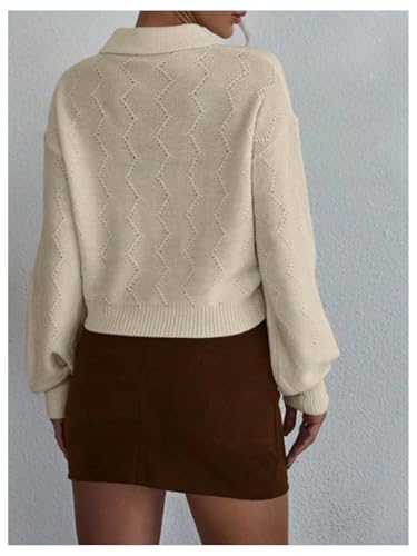 Image of Verdusa Women's Old Money Cable Knit Rhinestone Decor Knit Top Crew Neck Lapel Collar Lantern Sleeve Drop Shoulder Pullover Cropped Sweaters