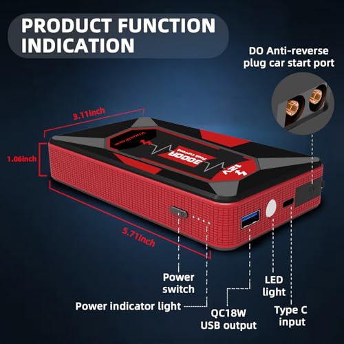 3000A Portable Car Jump Starter, 12V Battery Booster for 6.0L Gas/4.0L Diesel, 9 Safety Protections - image 4
