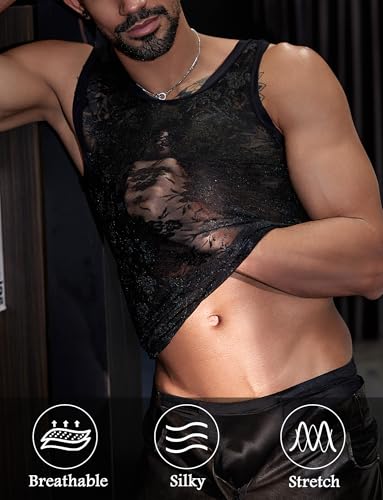 SEAUR Men's Lace Tank Top Sexy Sleeveless Sheer T Shirt Crew Neck Vest See Through Floral Nightclub Party Undershirt 5