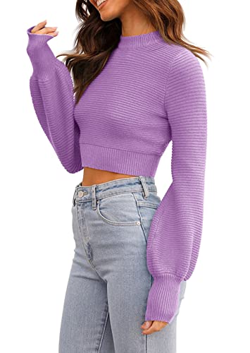 Image of Womens Sexy Crew Neck Cropped Sweaters Knit Long Sleeve Crop Tops Pullover | Ribbed Knit, Long Sleeve, Crop Tops, Pullover,Crew Neck