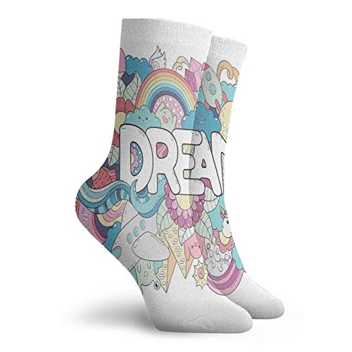 Fashion Compression Socks,Colorful Cartoon Style Childish Elements Dream Lettering Doodle Illustration,Performance Polyester Cushioned Athletic Crew Socks for Running,Athletic, -12 inch2