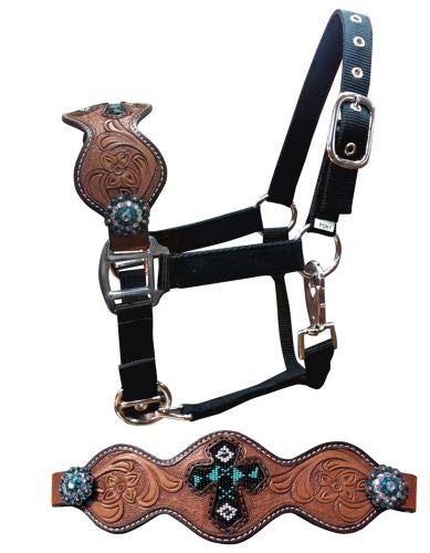 Showman Pony Size Leather Bronc Halter w Teal Beaded Cross Inlay & Floral Tooling! New Horse TACK!