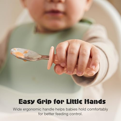 Image of Baybee Stainless Steel Baby Feeding Spoons Set of 2 | Bpa Free- Food Grade Self Feeding Training Utensil Spoon & Fork | Baby & Toddlers Gum Friendly Weaning Supplies for Kids 4 Months+ (Pink)