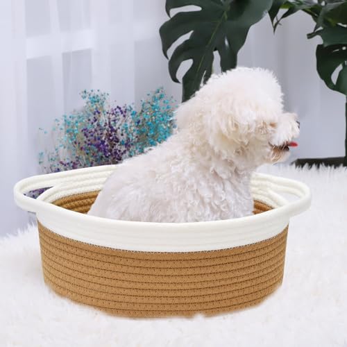 Image of ABenkle Small Basket with Handles, Boho Decorative Rope Woven Dog Cat Toy Storage Bin Shelf Storage Organizer, Easter Christmas Gift Basket, 12 inchx8 inchx5 inch, Brown