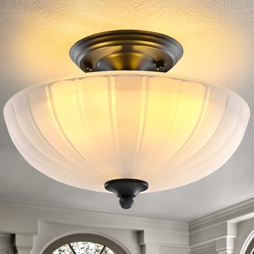 Dalouguan Semi Flush Mount Ceiling Light, 3-Light Kitchen Ceiling Lighting Fixtures with Frosted Glass Lampshade, Black Modern Chandelier for Living Room Bedroom Hallway