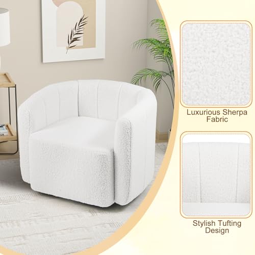 Image of Giantex 360 Swivel Accent Chair Set of 2- Sherpa Upholstered Boucle Barrel Club Chair with Padded Armrests, Modern Round Arm Chair for Reading, Living Room, Bedroom, Office, White Teddy