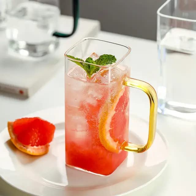 Image of KHOLAD Square Glass Mugs with Colored Handle Pack of 1, Drinking Glasses Tumbler with Lids and Straws Iced Coffee Cups, 400ml Wide Mouth Glass Sipper for Home Office Summer Party (Mug)