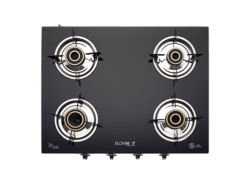 BLOWHOT Jasper Heavy Tornado Brass 4 Burner Manual Gas Stove | Toughened Glass Cooktop - Stainless Steel Frame - 2 Year Warranty on Burner, Gas Valve and Glass (Black)