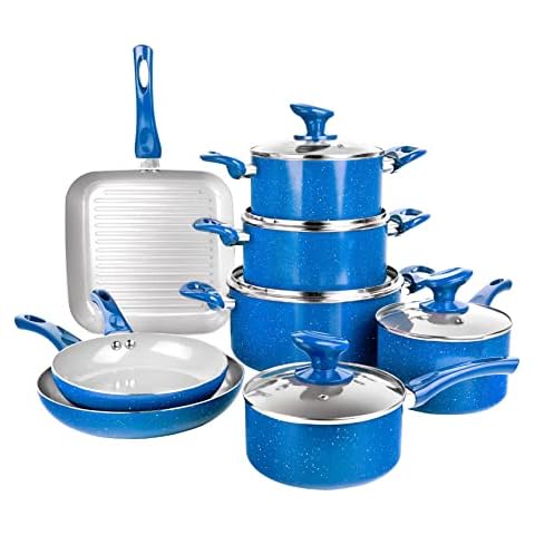 Granitestone Pots and Pans Set Nonstick, 13 Piece Complete Kitchen Cookware Set, Includes Nonstick Pots and Pans Set with lids & Grill Pan, Dishwasher Safe, Healthy and 100% PFOA Free - Blue Cover