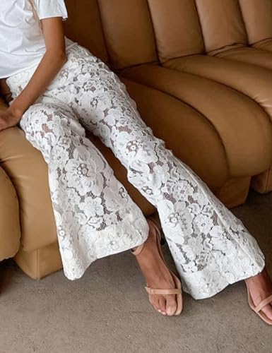 Perbai Women's Y2K Lace Bell Pants Crochet See Through Flare Leggings Floral Embroidered Mesh Beach Trousers2