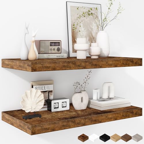 Fun Memories Floating Shelves - 2 Pack 12 Inch Deep Rustic Wooden Wall Shelves - Extra Deeper & Thicker Wall Mounted Storage Shelf for Living Room, Kitchen, Farmhouse - 24' W x 12' D x 1.5' H - Brown