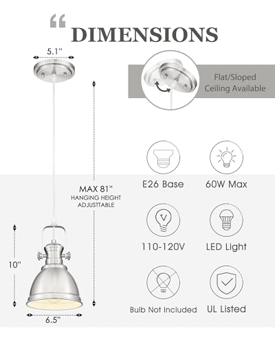 Image of 2-Pack Brushed Nickel Pendant Lights Kitchen Island, Metal Shade | 6 inch Vintage Kitchen Pendant Lighting over Island for Dining Room, Rustic Style, Adjustable Height, E26 Base, AD-2151-1P2-SN