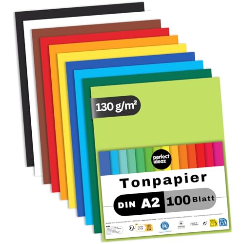 perfect ideaz - Tonpapier DIN A2 – 100 Blatt, 10 kräftige Farben, 130 g/m², voll durchgefärbt & lichtbeständig, Blauer Engel zertifiziert, Made in Germany – Bastelkarton für Schule, Hobby & DIY